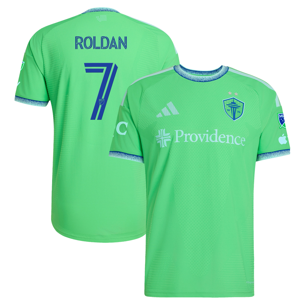 Men's Seattle Sounders FC Cristian Roldan Rave Green 2026 The Evergreen State Kit On-Field Authentic Patch Jersey