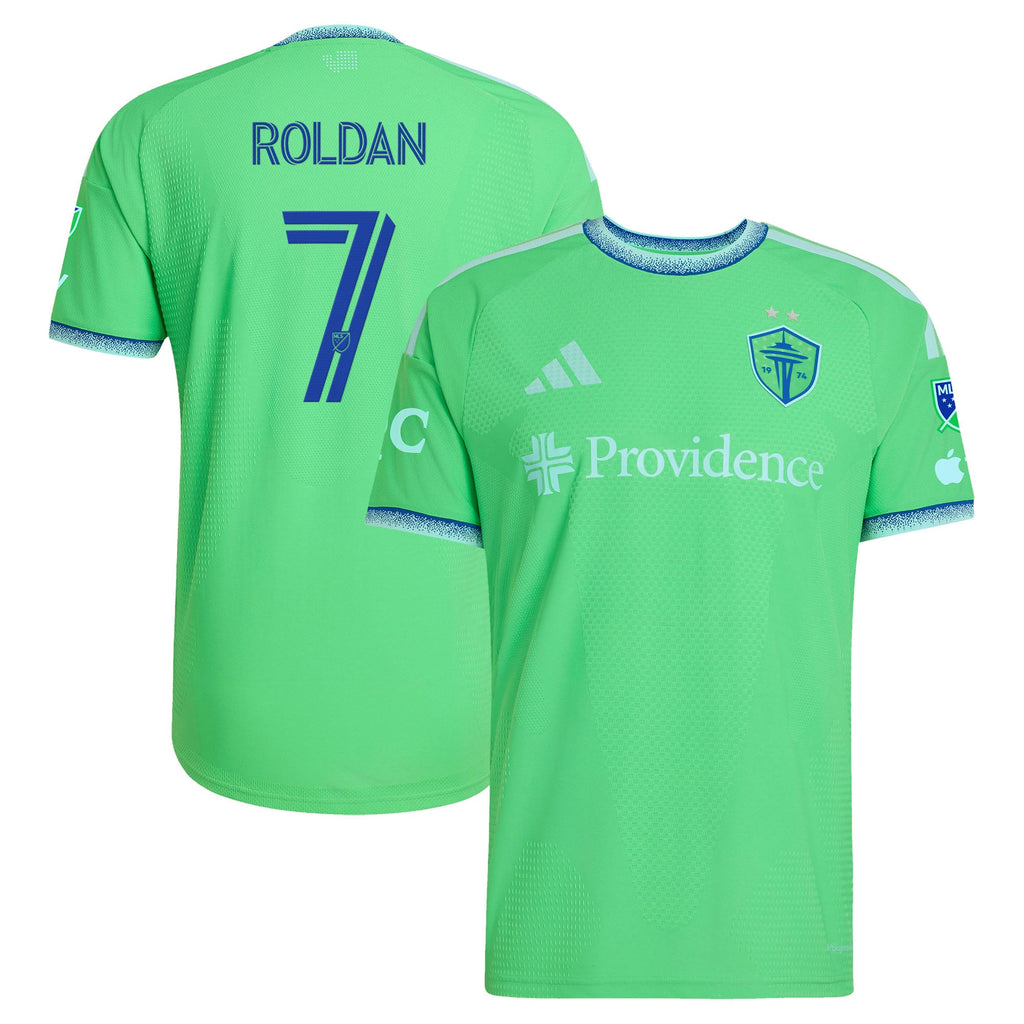 Men's Seattle Sounders FC Cristian Roldan Rave Green 2026 The Evergreen State Kit On-Field Authentic Patch Jersey